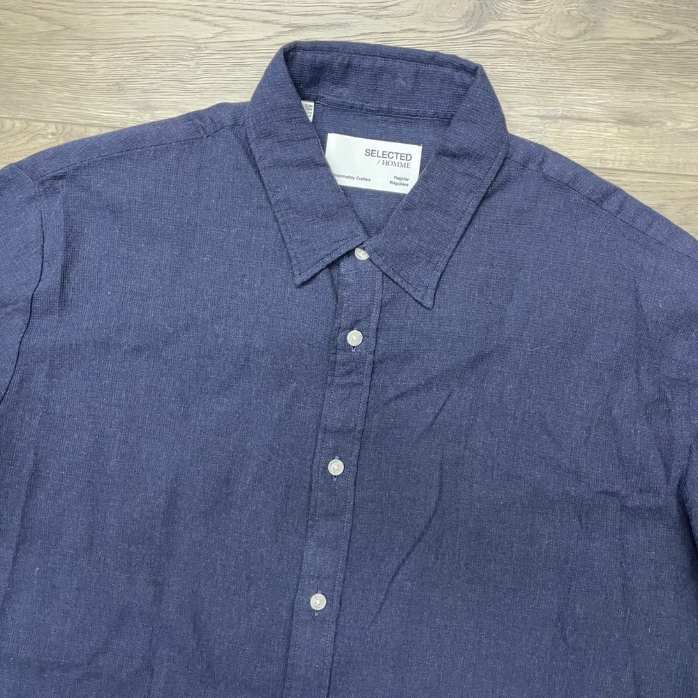 Selected Homme Drake Shirt Mens XL Blue SS Waffle W Organic Cotton Button Up